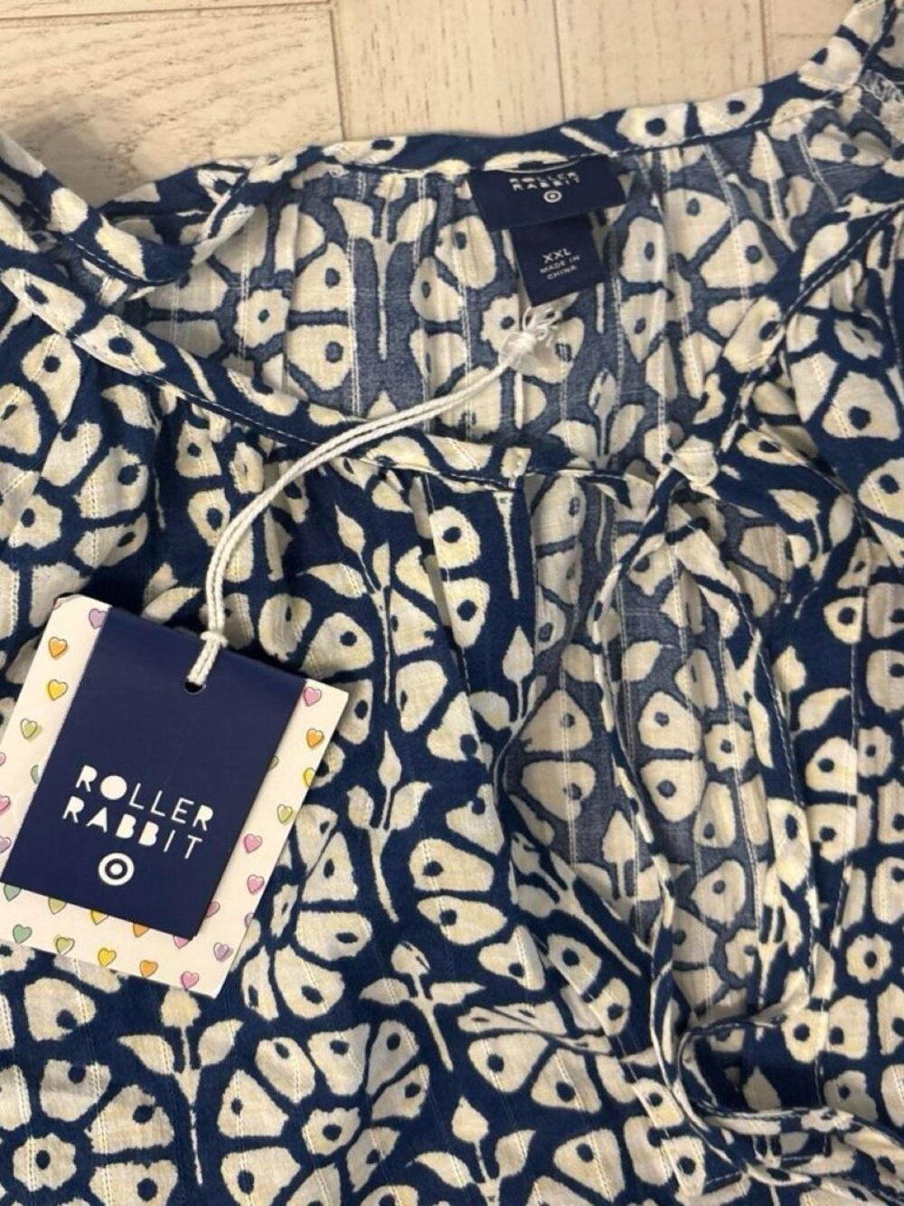 Roller Rabbit Navy Floral Blouse and Shorts Set Tie Neck Size XXL New With Tags